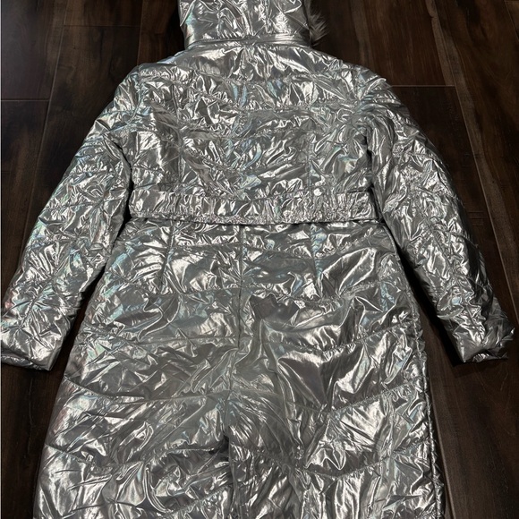 Silver Metallic Quilted Snowsuit with Fur Hood - Picture 7 of 9